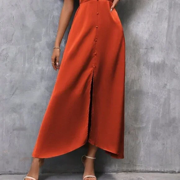 Orange Preppy Womens Plunging Neck Butterfly Sleeve Split Thigh Satin Dress - Picture 5 of 5